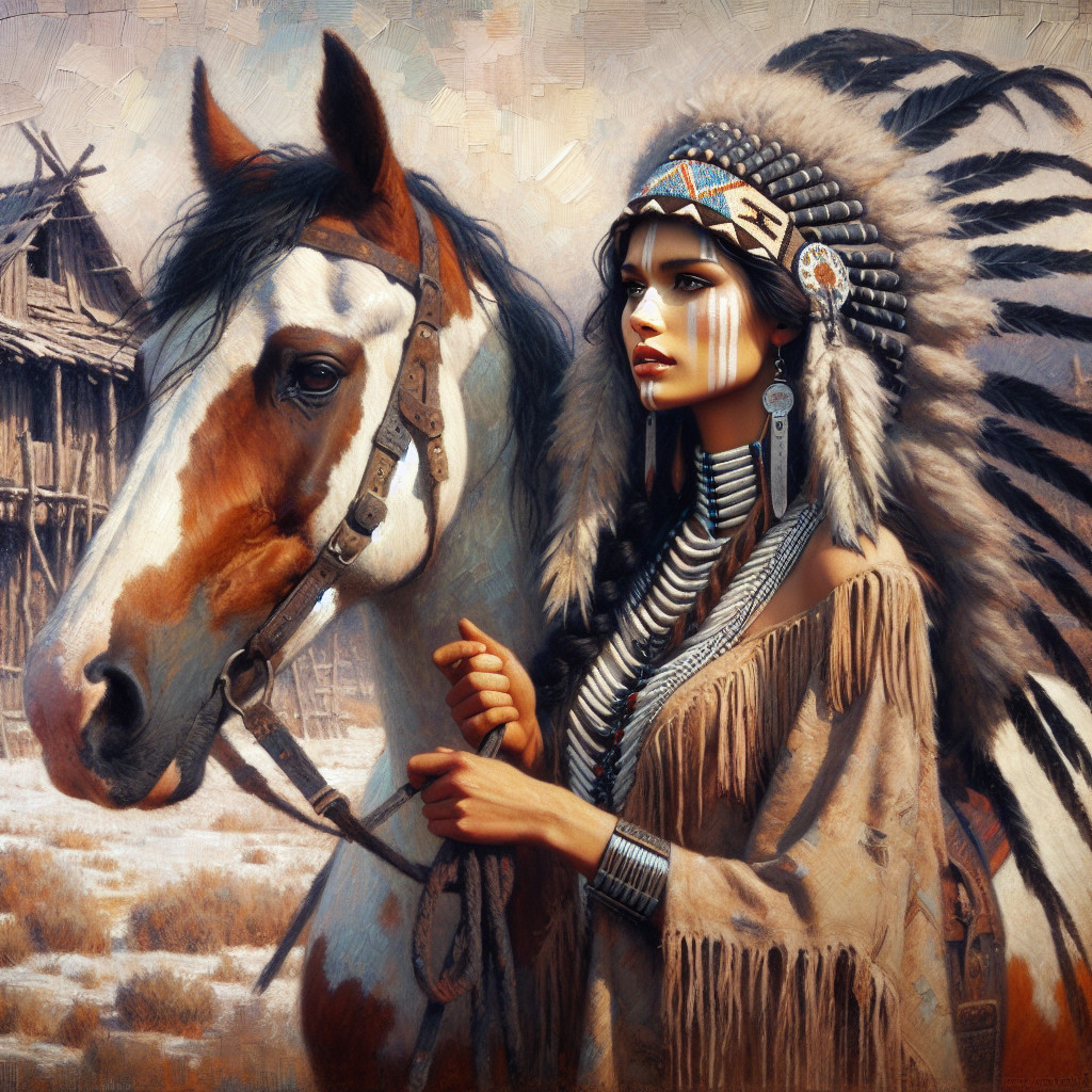 Native American Woman in Traditional Attire with Horse