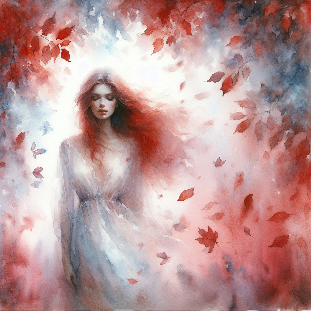 Ethereal Woman with Red Hair in Autumn Leaves