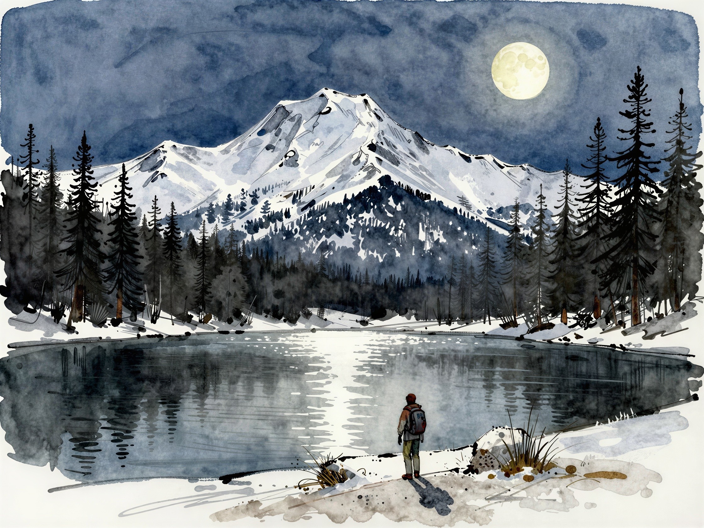 Nighttime Winter Landscape with Moonlit Lake and Mountains