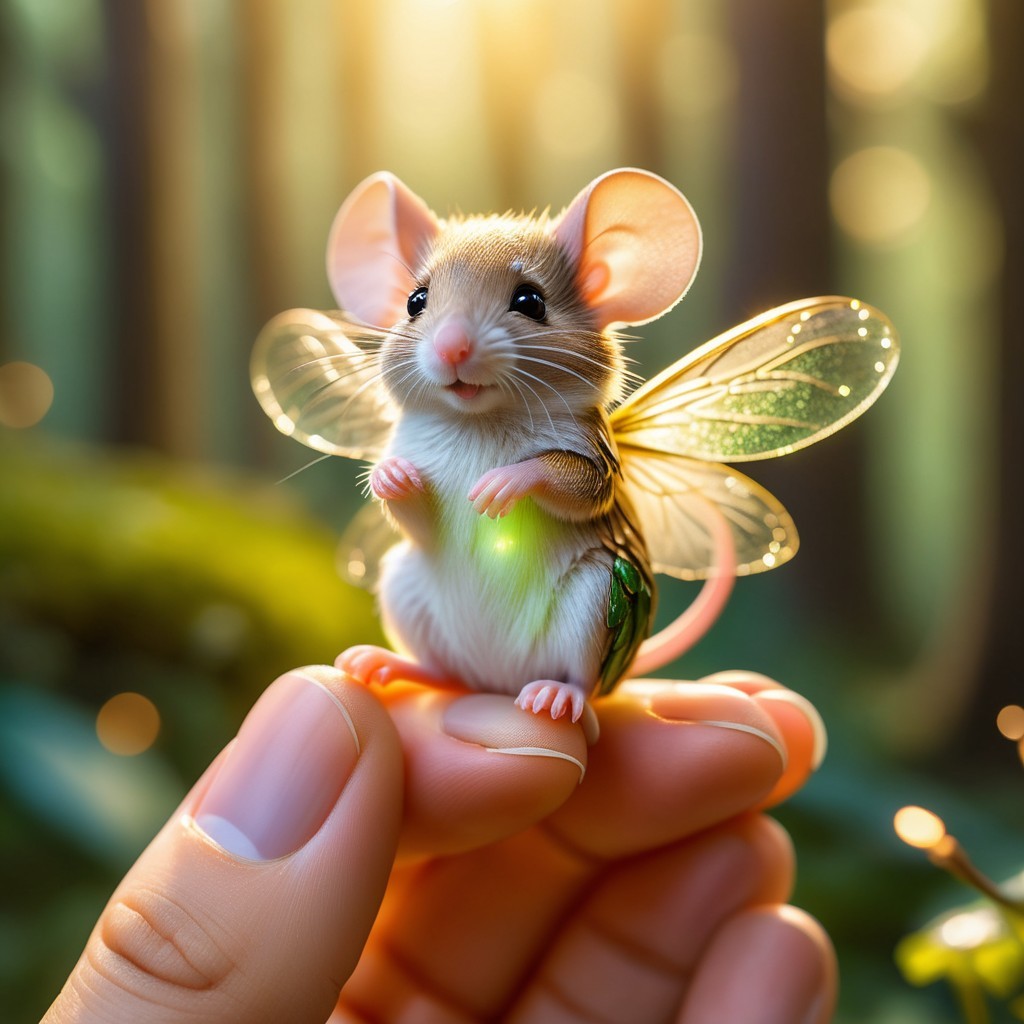 Tiny Mouse with Fairy Wings in Dreamy Forest Scene