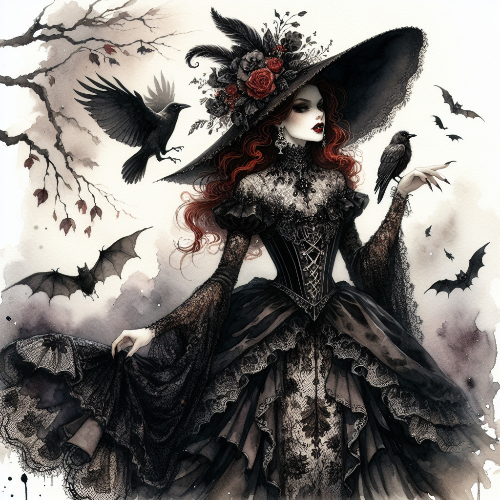 Mysterious Figure in Dark Gown with Gothic Elements