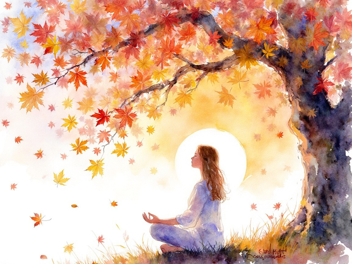 Woman Meditating Under Vibrant Autumn Tree