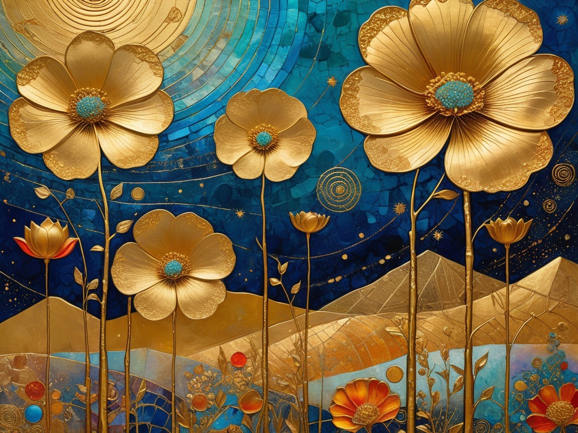 Vibrant Artwork of Golden Flowers Against Blue Background
