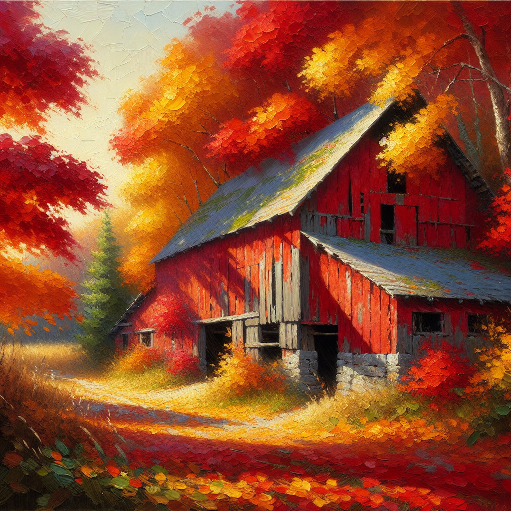 Autumn Landscape with Red Barn and Colorful Trees