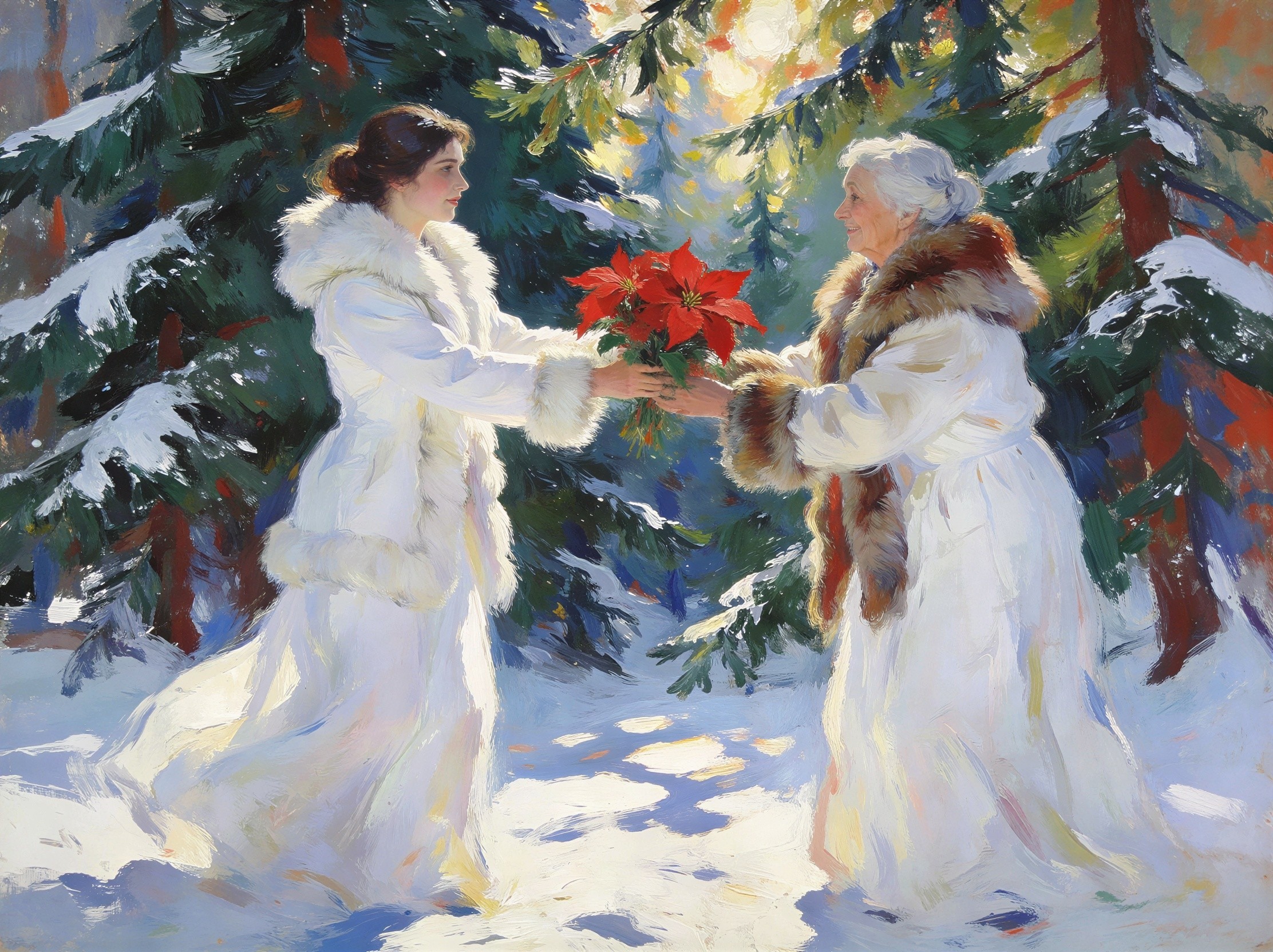Winter Scene with Two Women in White Coats and Flowers