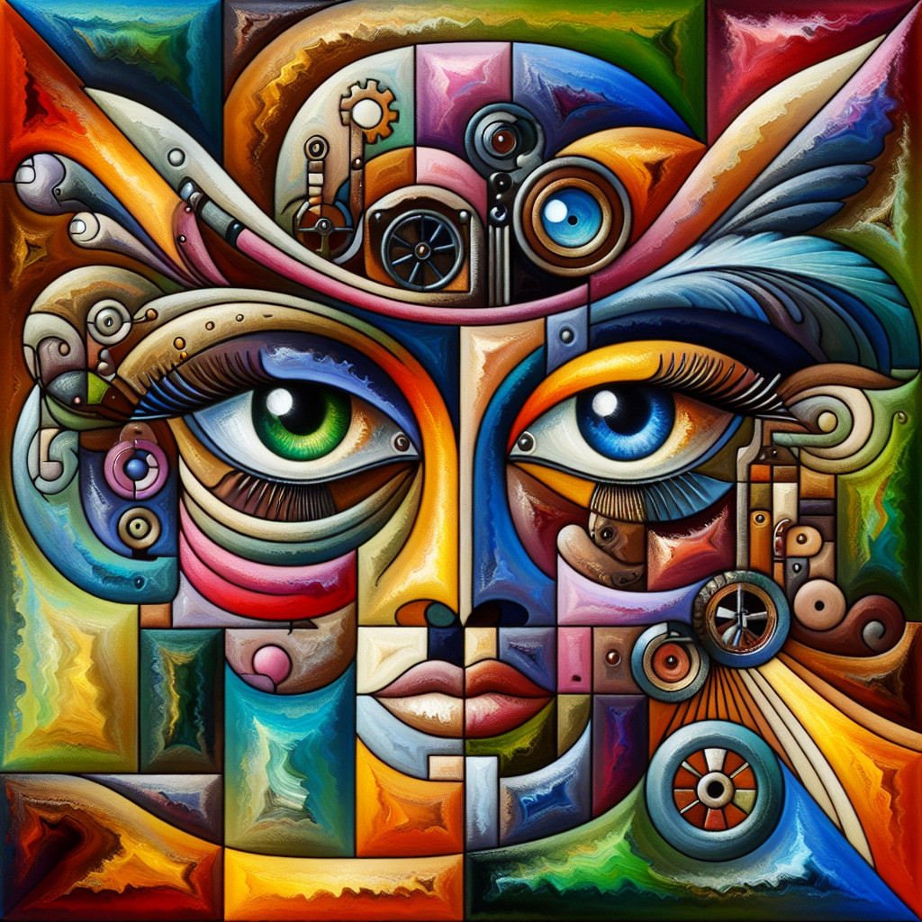 Abstract Artwork with Stylized Face and Geometric Patterns