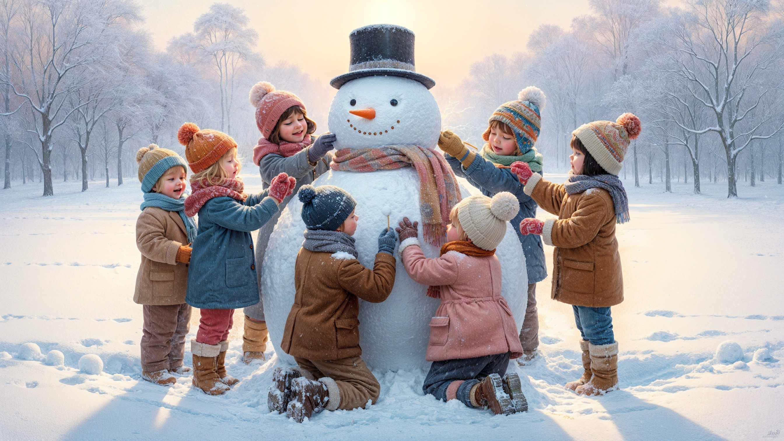 Children Decorating a Snowman in a Winter Landscape