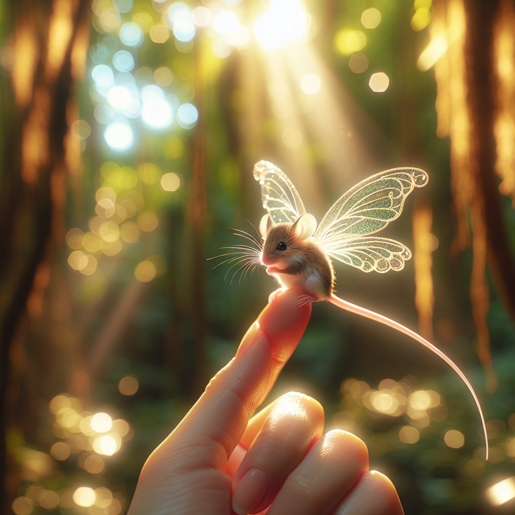 Mouse with Iridescent Wings in Sunlit Forest Scene