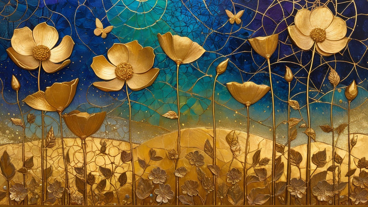 Embossed Artwork with Golden Flowers and Butterflies