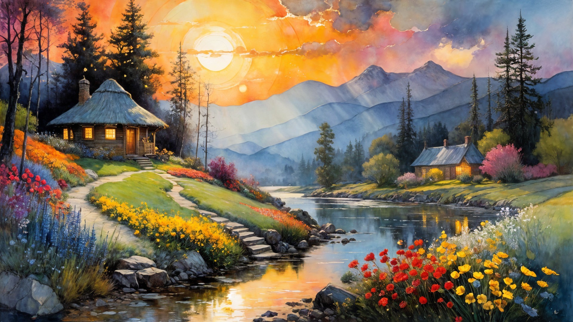 Vibrant Sunset Over Cottages and Rolling Hills