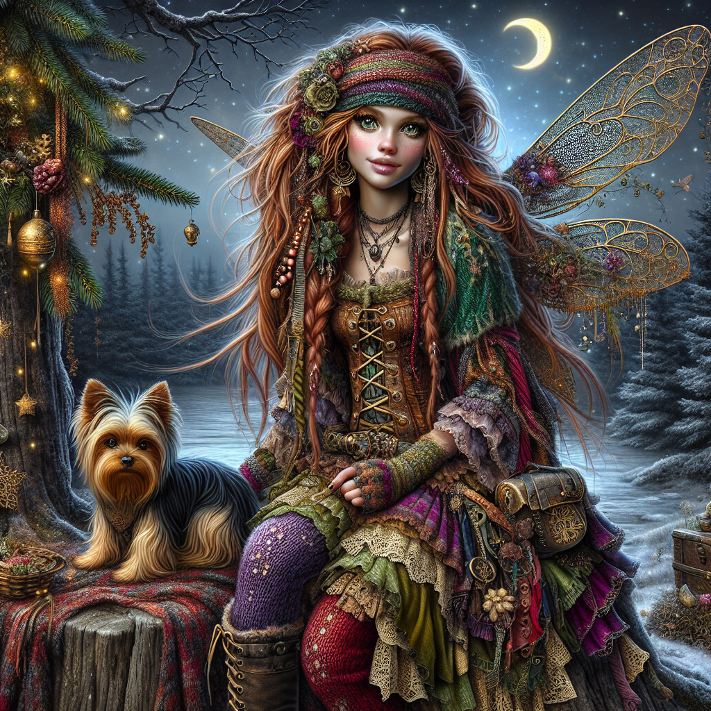 Whimsical Fairy with Red Hair in Moonlit Forest