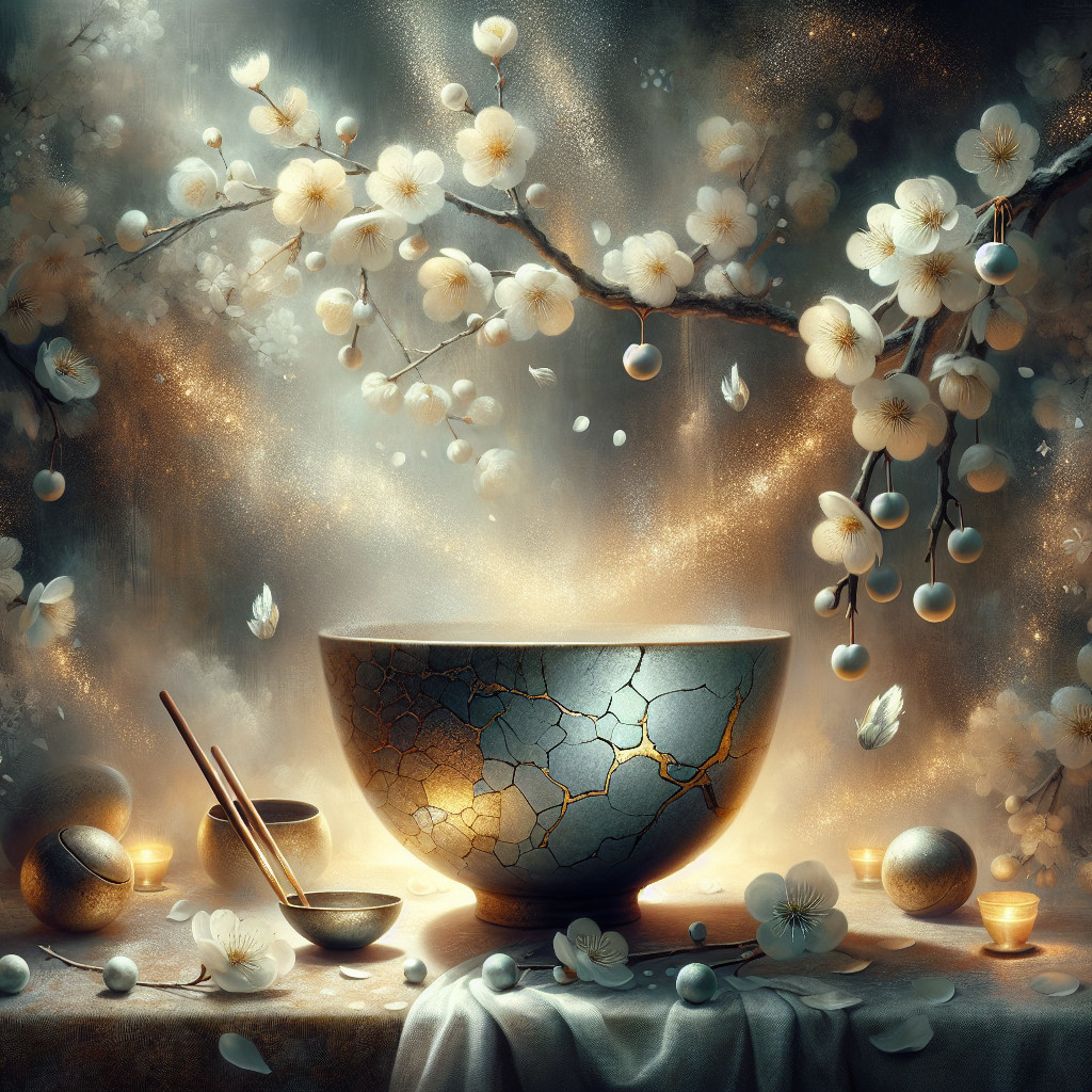 Ceramic Bowl with Gold Accents and Cherry Blossoms