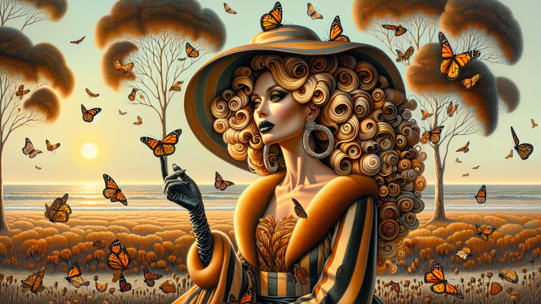 Glamorous Woman with Butterflies in Sunset Landscape