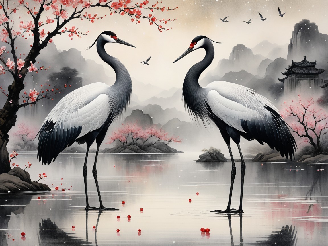 Elegant cranes in a serene cherry blossom landscape
