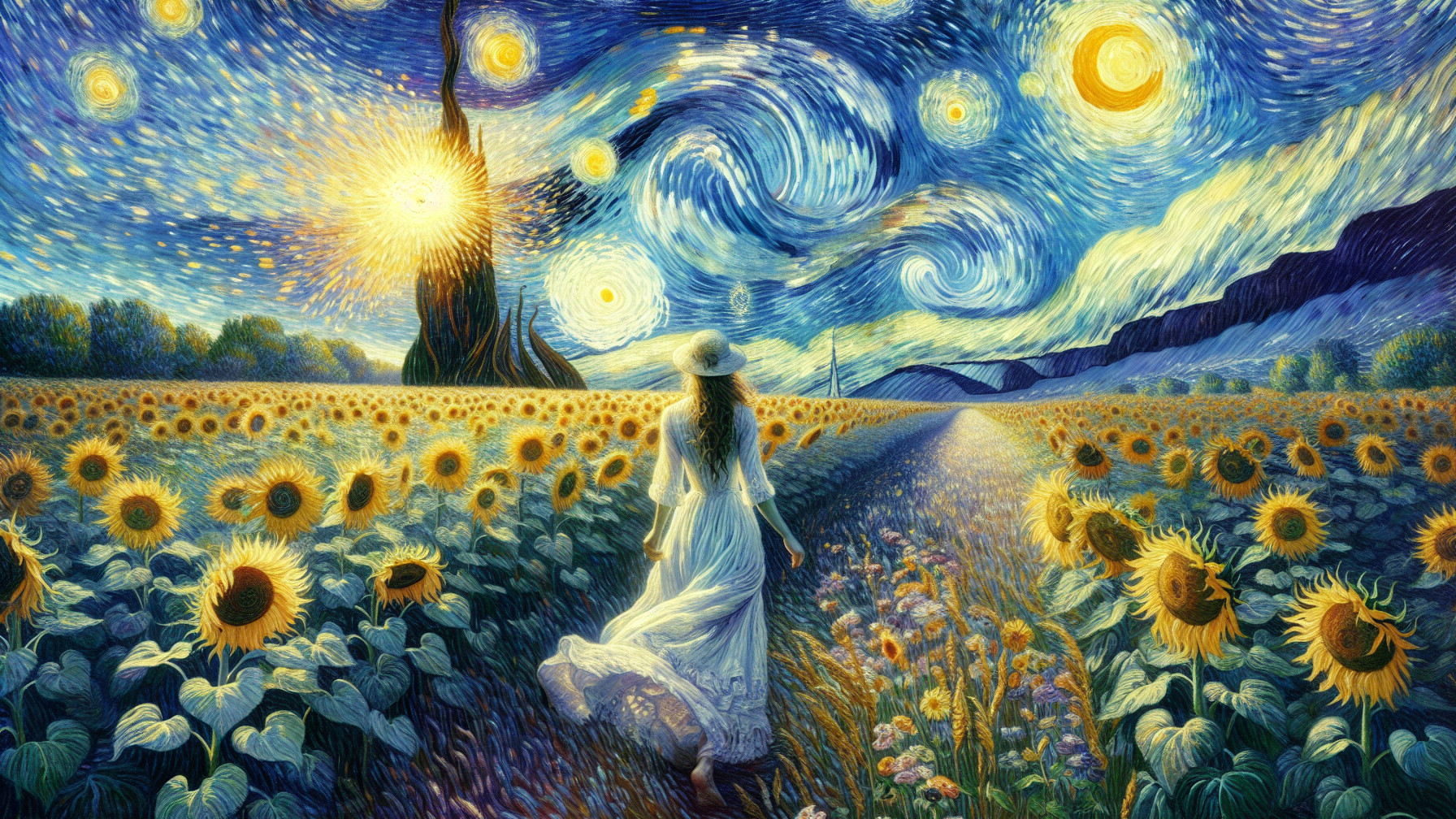 Serene Landscape with Woman and Sunflowers