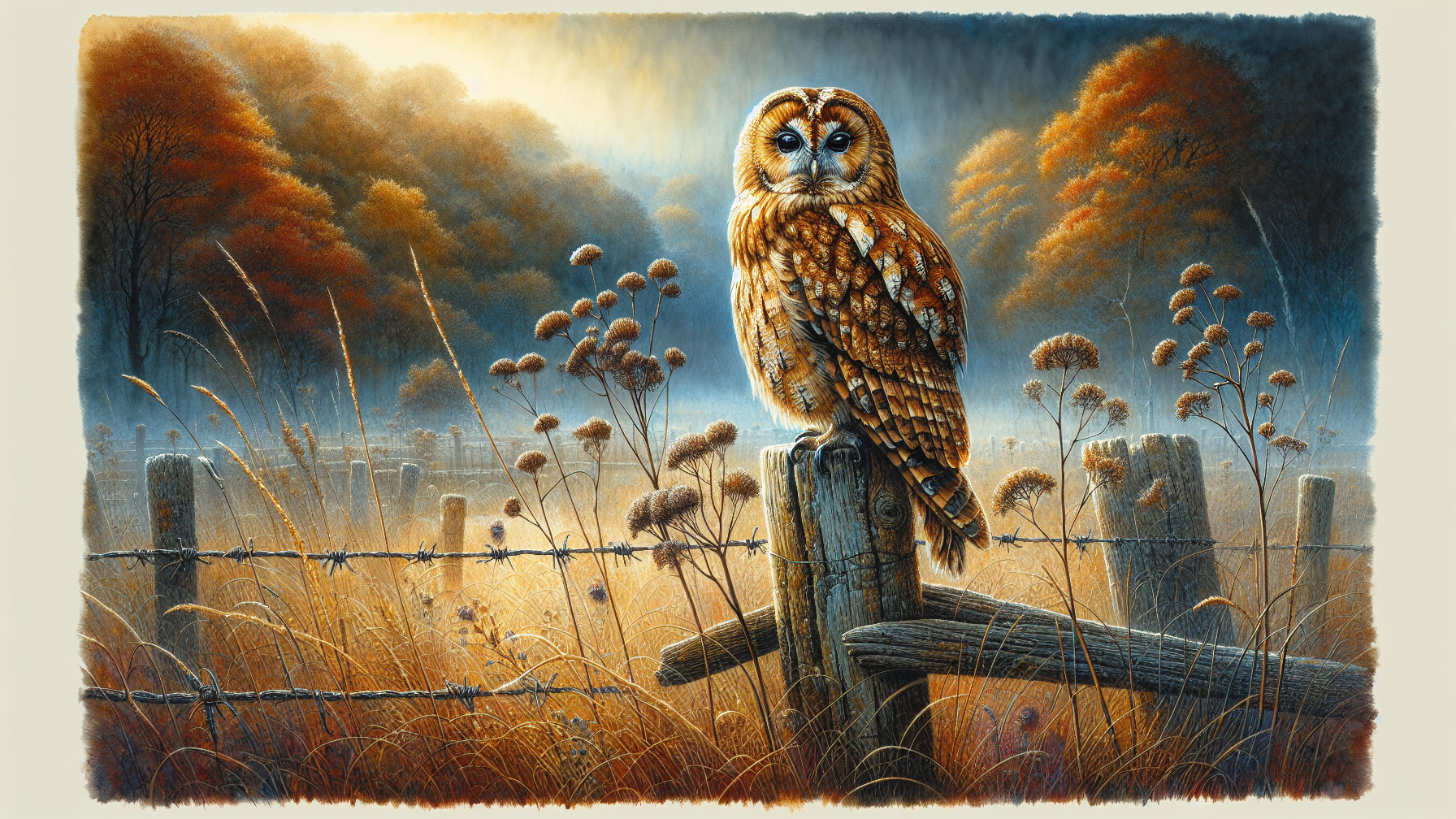 Majestic owl on rustic fence post in autumn landscape