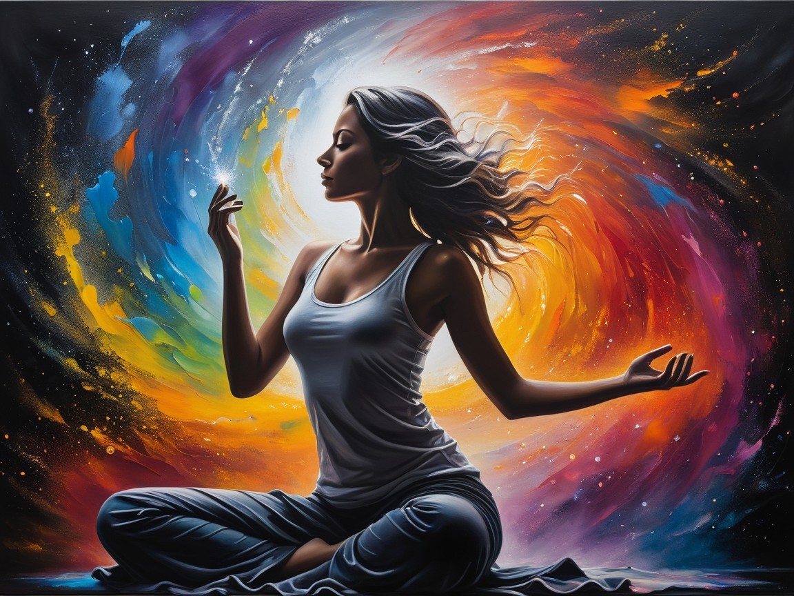 Serene Woman Meditating in a Colorful Galaxy Background