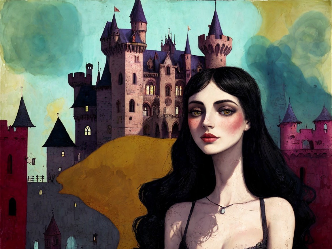 Mysterious Woman with Castle and Whimsical Sky