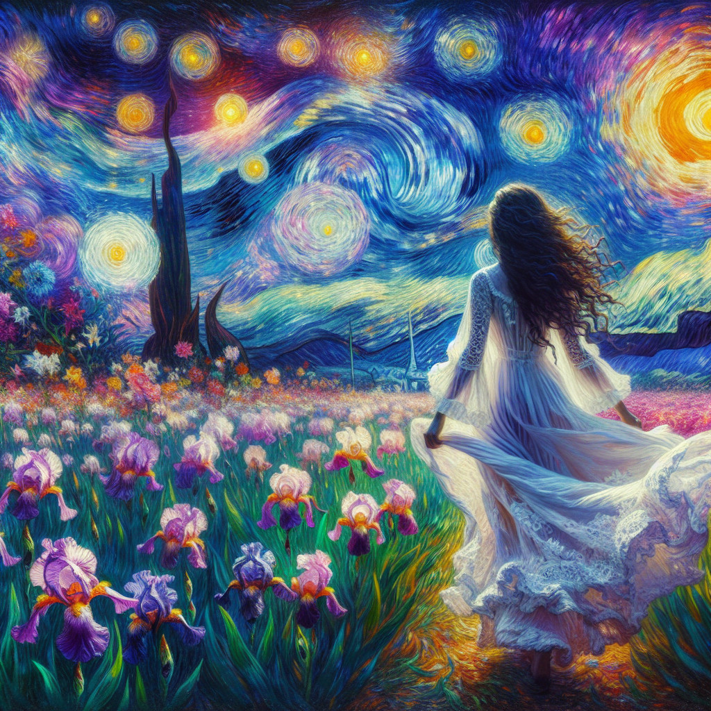 Woman in White Dress in Starry Iris Field