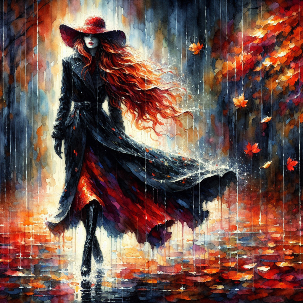 Mysterious Figure in Black Coat Amidst Autumn Landscape