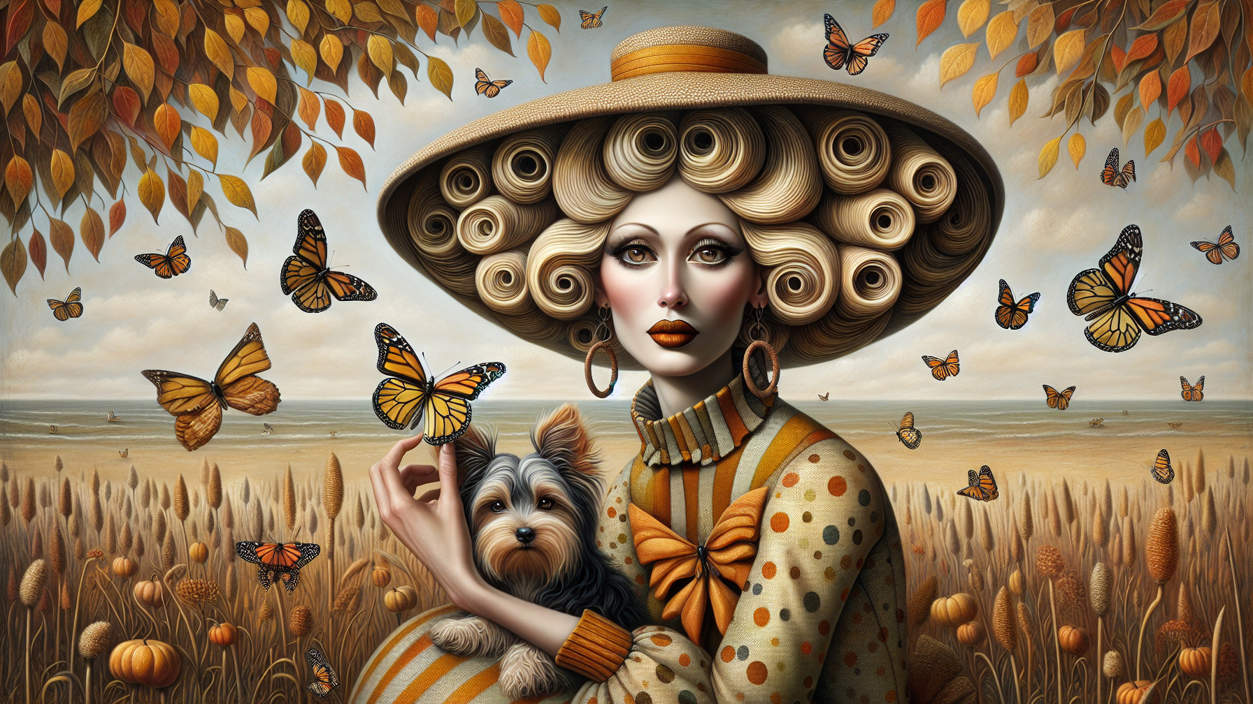 Woman with Curly Hair, Dog, and Butterflies in Autumn