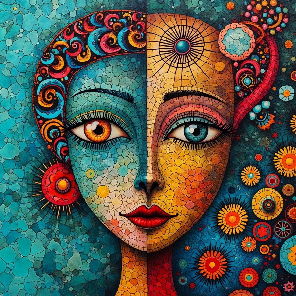 Split Face Artwork with Contrasting Colors and Designs