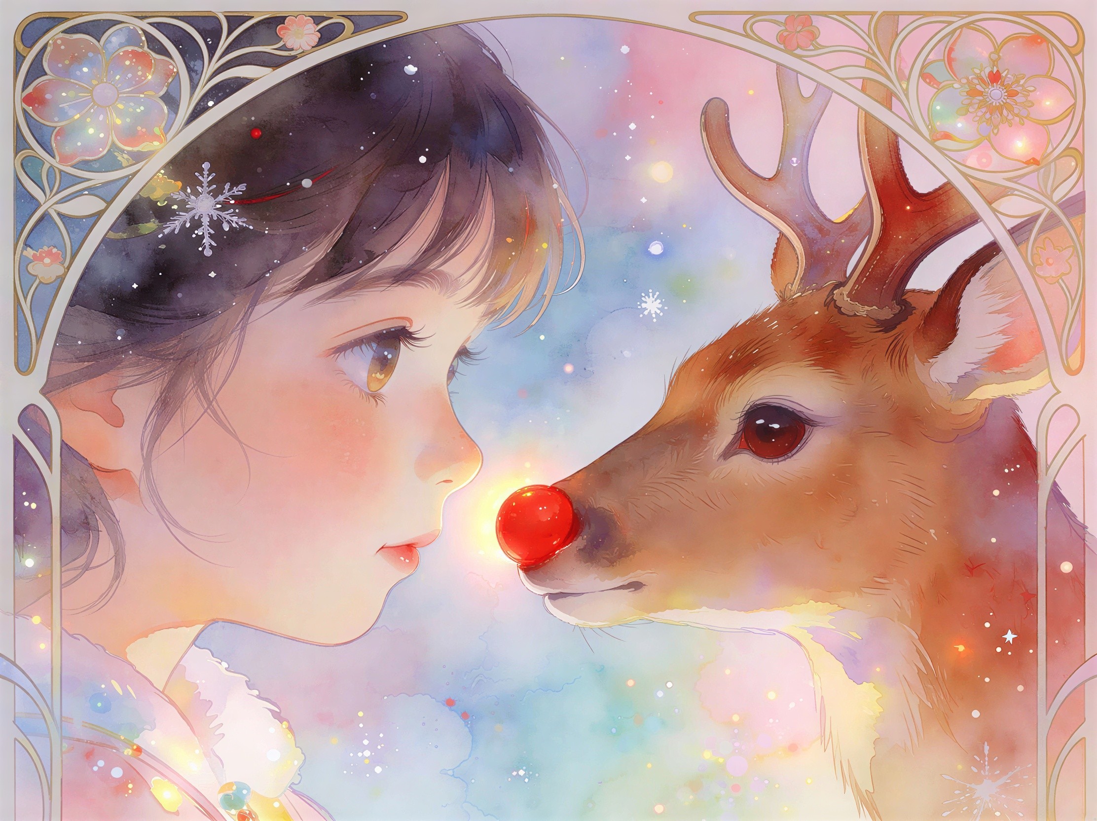 Watercolour Illustration of Girl and Reindeer in Profile