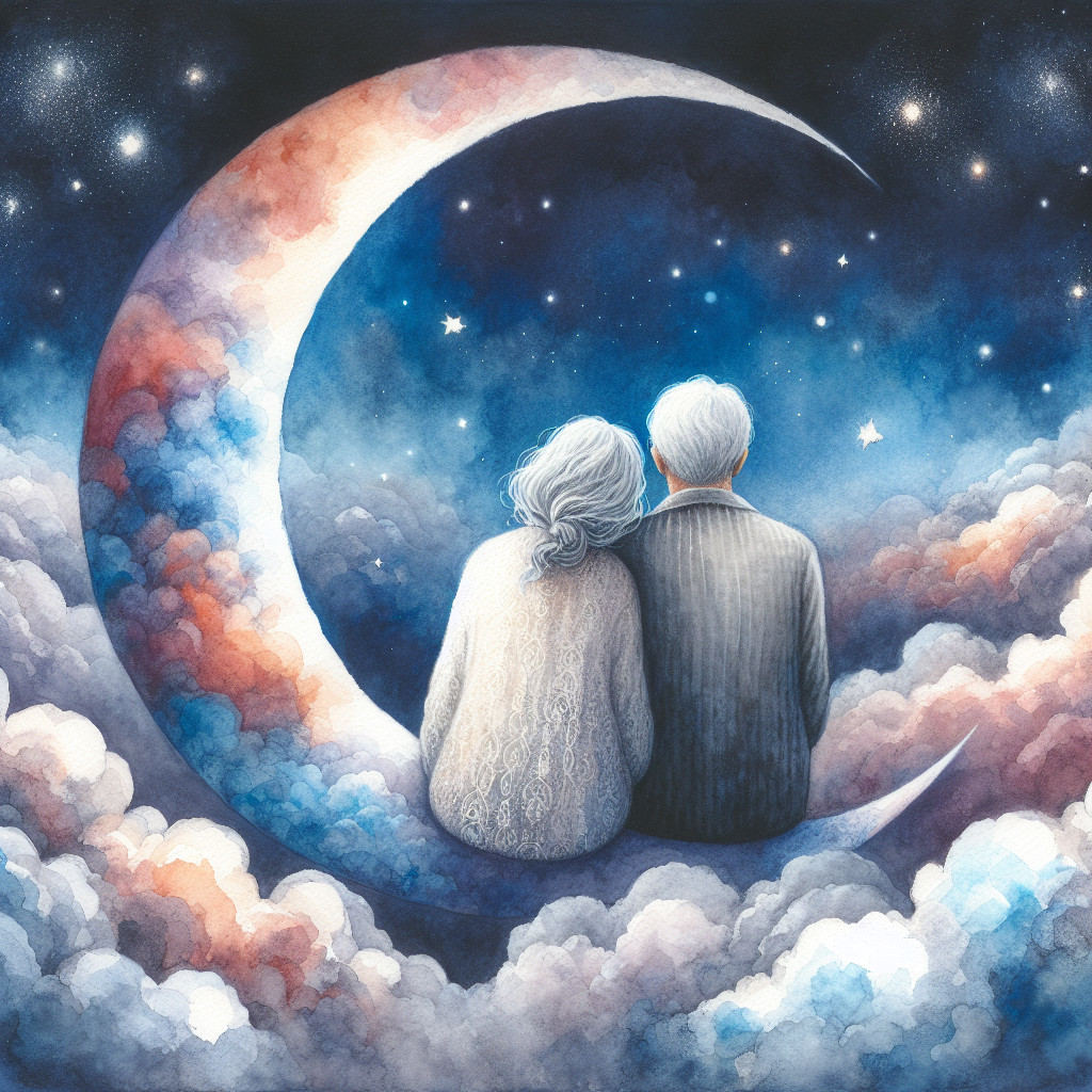 Elderly Couple on Crescent Moon in Dreamy Night Sky
