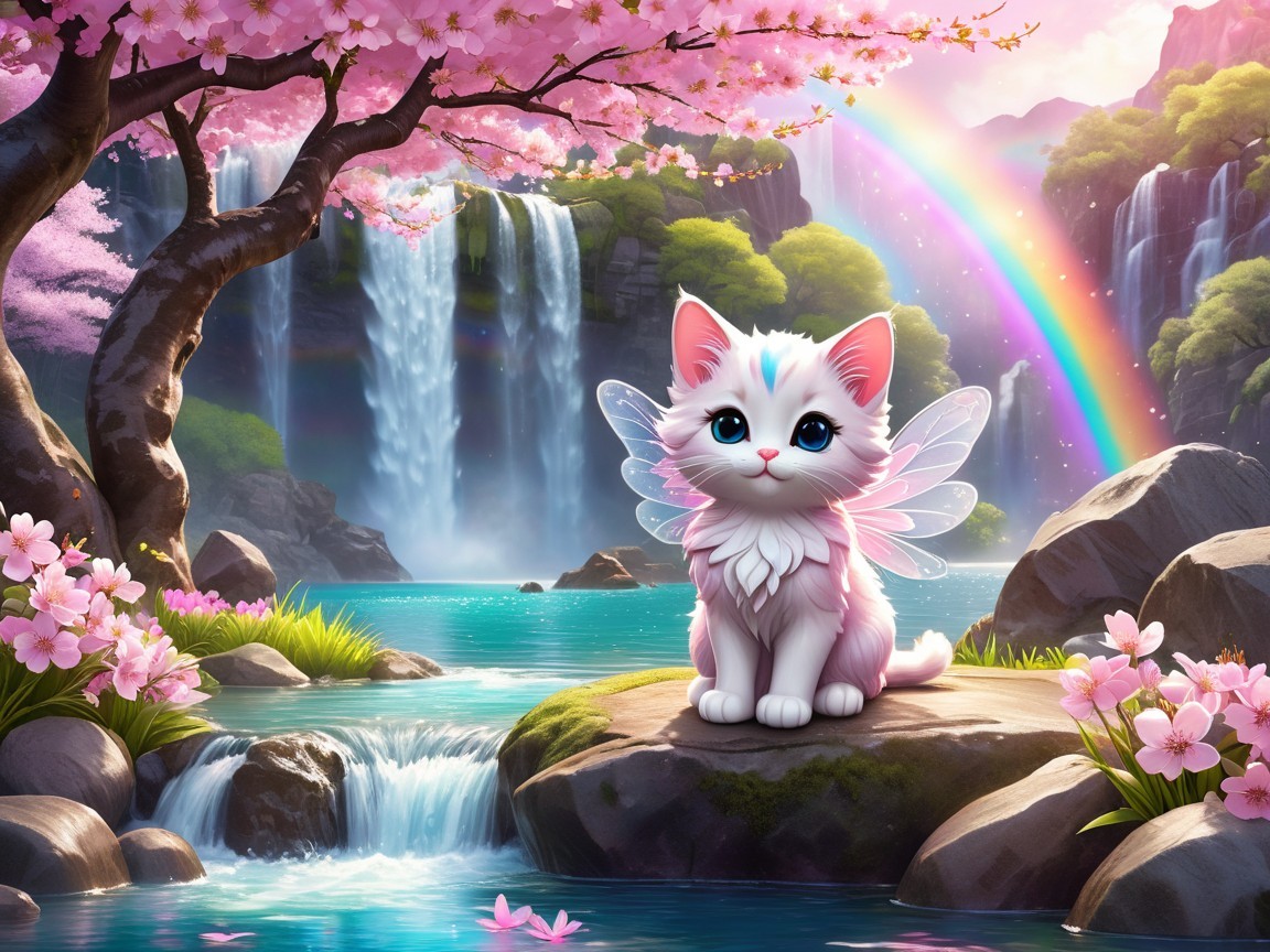 Fluffy Cat with Fairy Wings by Turquoise Waterfall