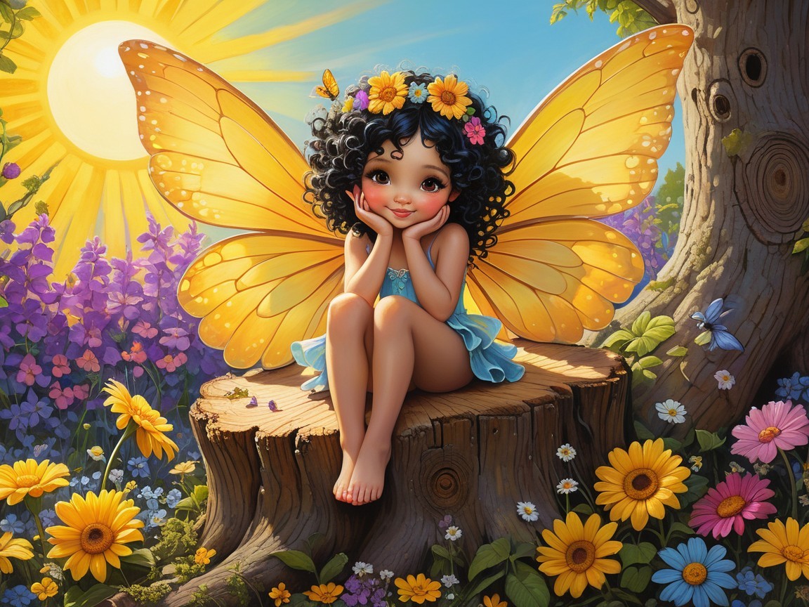 Whimsical Scene of Girl with Butterfly Wings in Nature