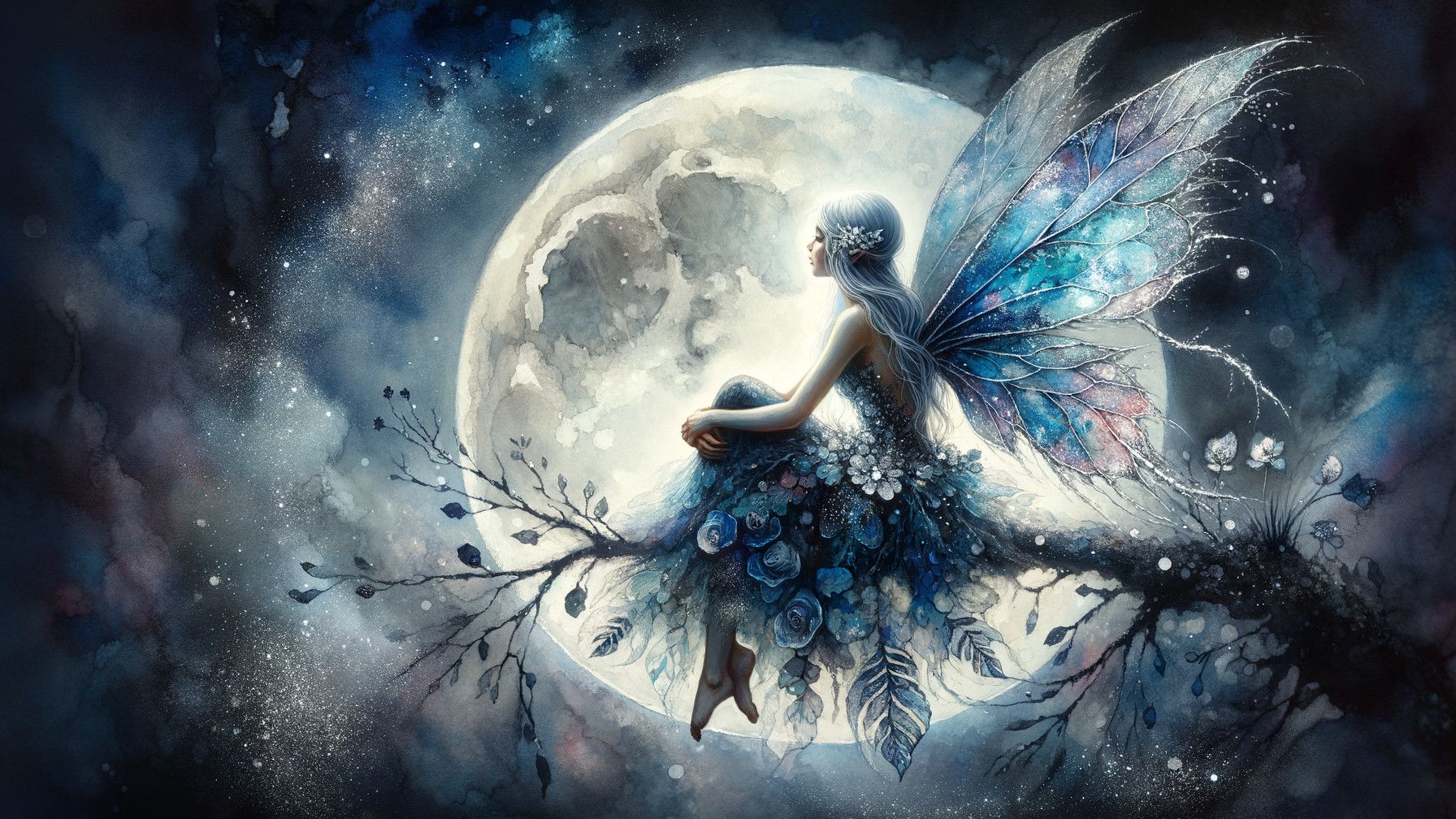 Fairy with Translucent Wings Under a Luminous Moon