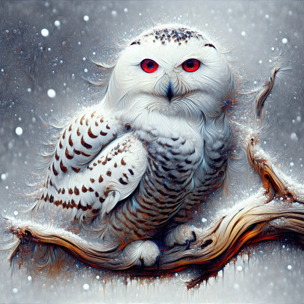 Fantastical Owl in Snowy Landscape with Red Eyes