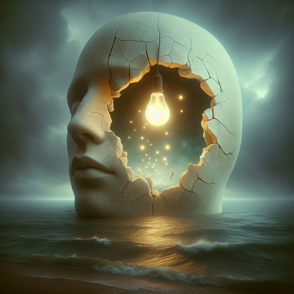 Surreal Landscape with Giant Cracked Head and Ocean