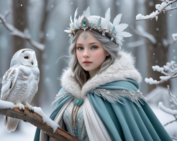 Winter Scene with Woman, Owl, and Snowflakes