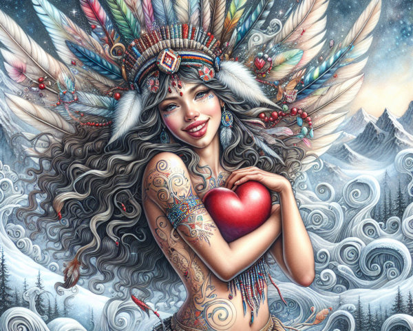 Woman with Feathers and Heart in Mountain Scene