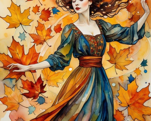 Graceful Woman Dancing Amid Vibrant Autumn Leaves