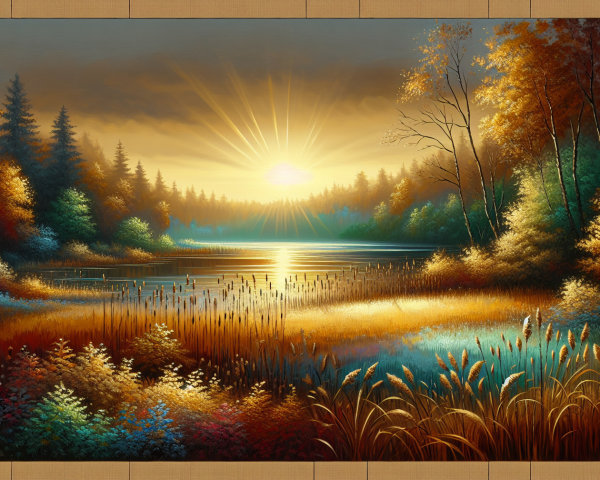 Serene Sunrise Landscape with Tranquil Lake Reflection