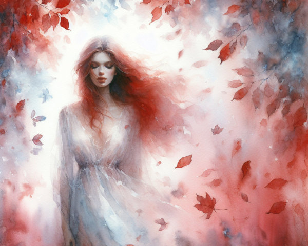 Ethereal Woman with Red Hair in Autumn Leaves
