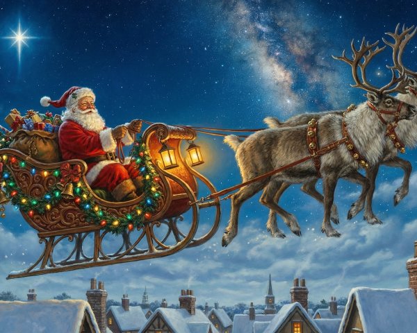 Santa Claus Flying Over a Snowy Village at Night