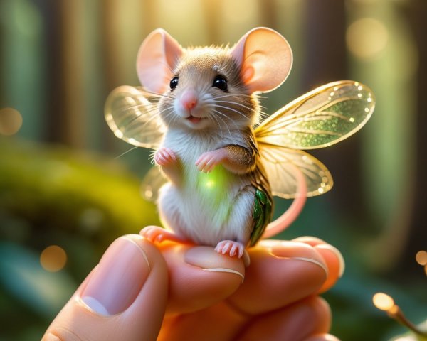 Tiny Mouse with Fairy Wings in Dreamy Forest Scene