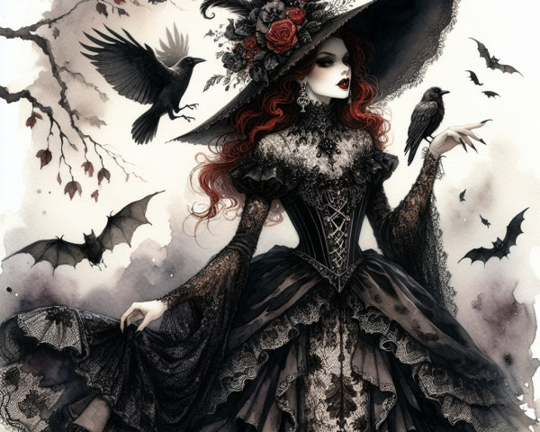 Mysterious Figure in Dark Gown with Gothic Elements