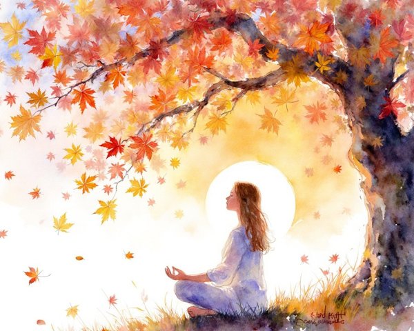 Woman Meditating Under Vibrant Autumn Tree