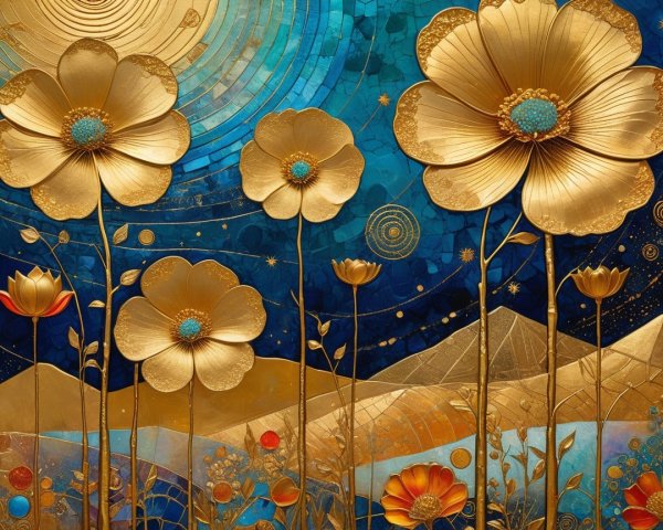 Vibrant Artwork of Golden Flowers Against Blue Background
