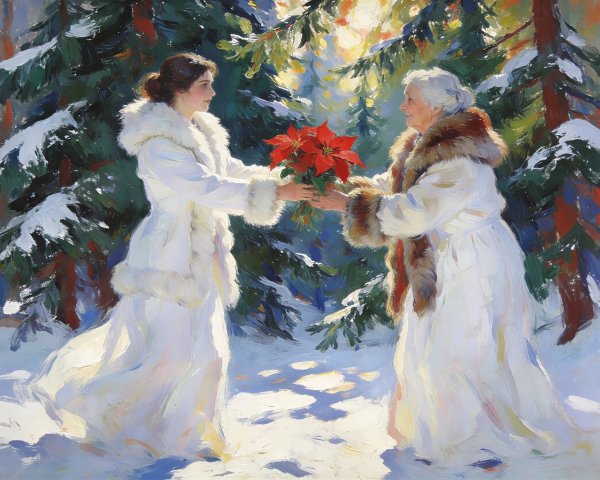 Winter Scene with Two Women in White Coats and Flowers