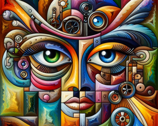 Abstract Artwork with Stylized Face and Geometric Patterns