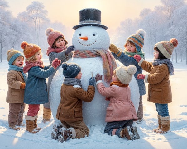 Children Decorating a Snowman in a Winter Landscape