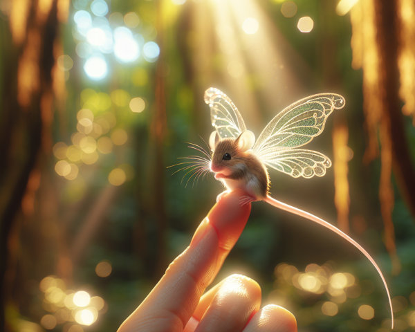Mouse with Iridescent Wings in Sunlit Forest Scene