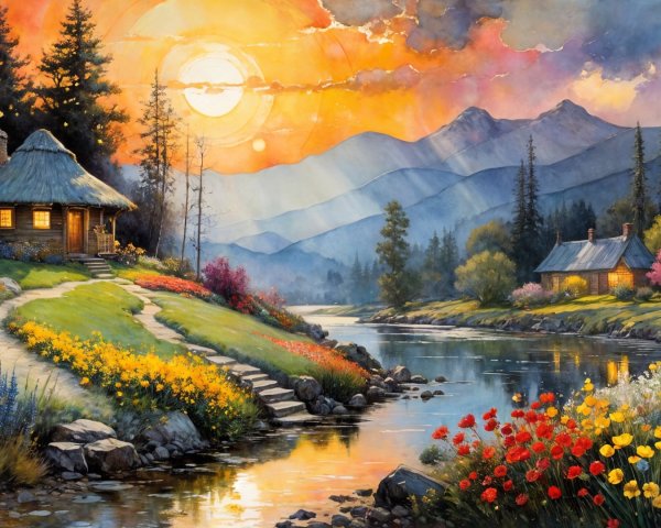 Vibrant Sunset Over Cottages and Rolling Hills