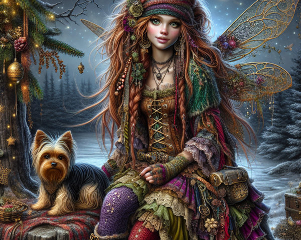 Whimsical Fairy with Red Hair in Moonlit Forest