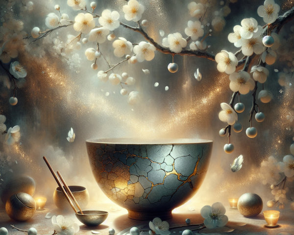 Ceramic Bowl with Gold Accents and Cherry Blossoms